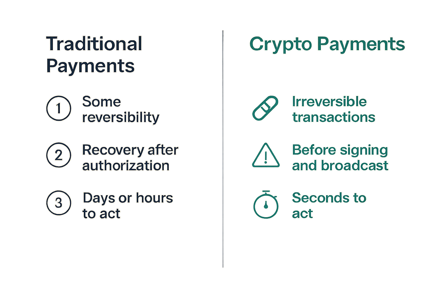 Diagram showing the key differences between crypto payment threat models and traditional payment fraud models, emphasizing irreversibility