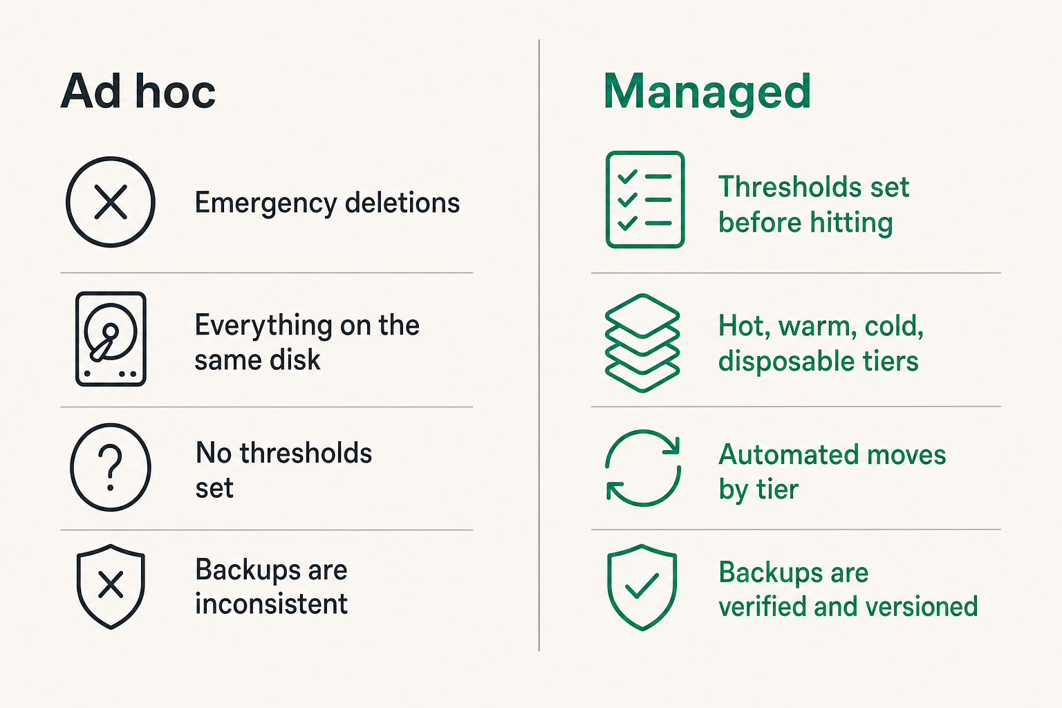 Comparison of ad hoc storage management versus managed media storage states