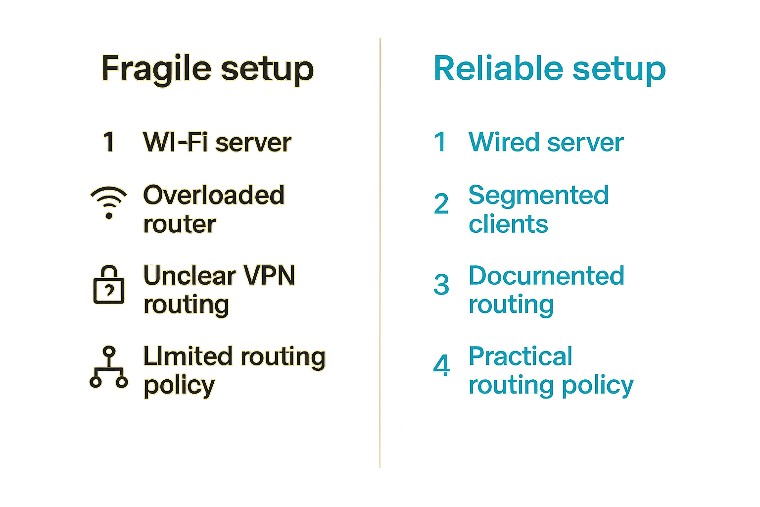 Comparison of weak home media networking versus a reliable routed and wired setup.