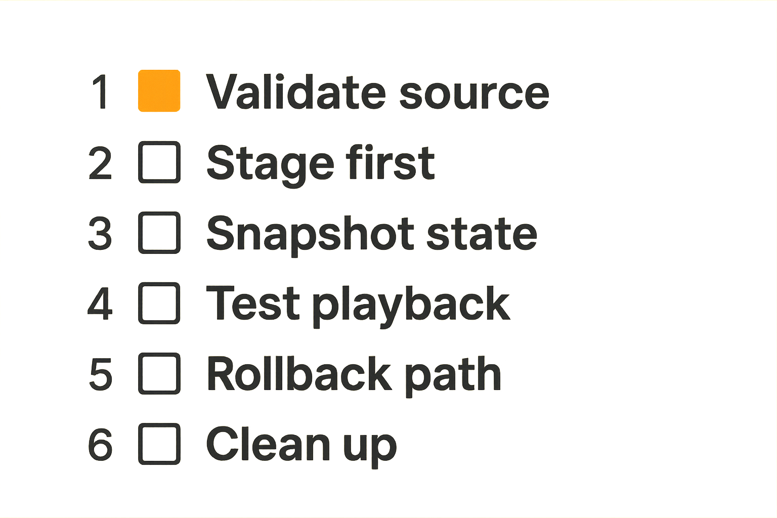 Checklist for reliable home media automation covering validation, rollback, monitoring, and cleanup.