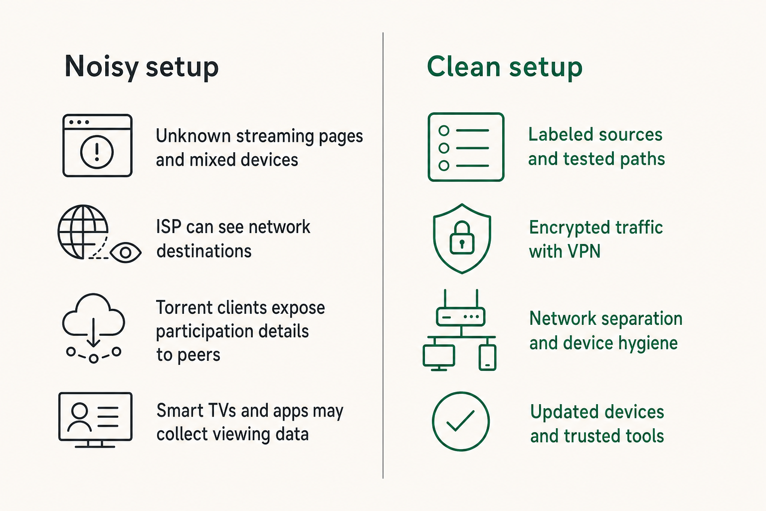 Comparison of a noisy media setup and a clean privacy-aware streaming setup.