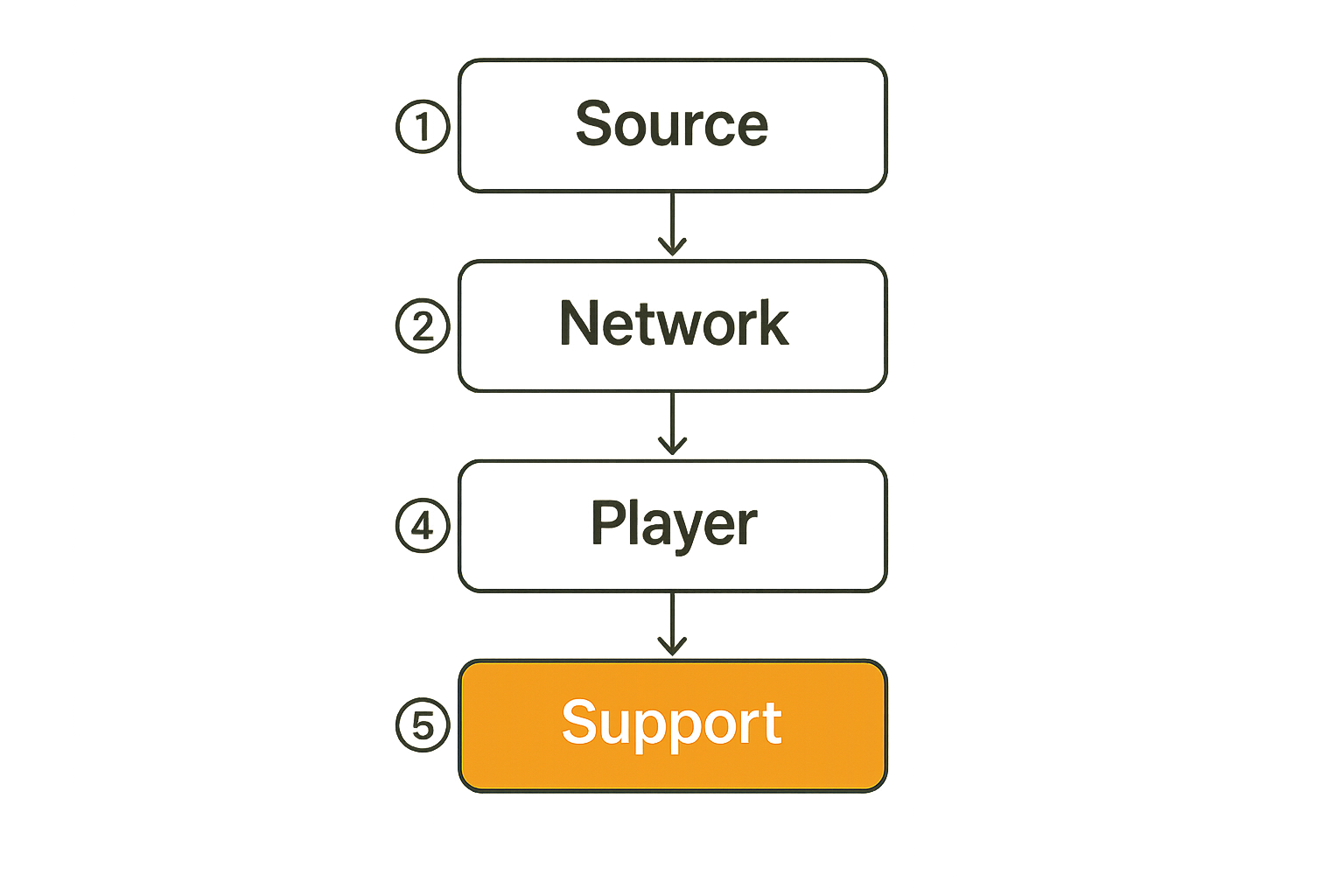 Flow diagram showing the path from media source to playback and support