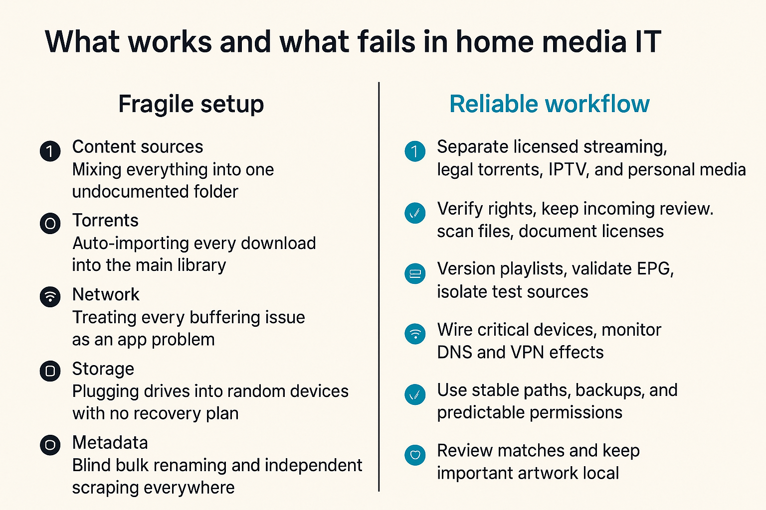 Comparison of fragile home media setup versus reliable home media operations.