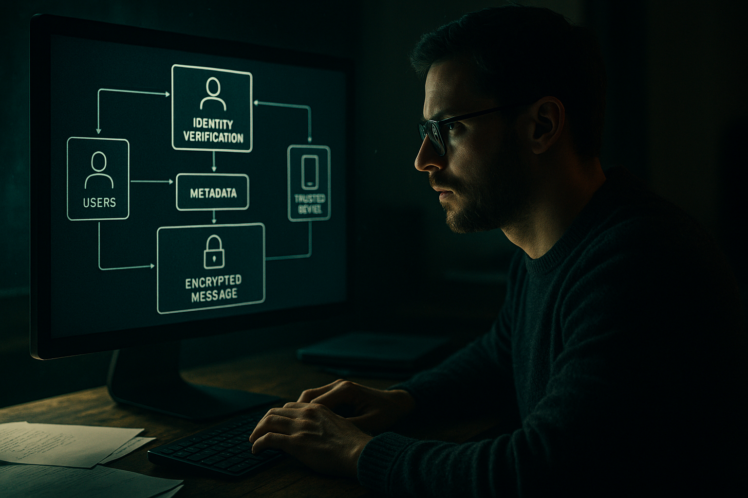 Secure messaging architecture showing users, devices, identity, metadata, and encrypted content boundaries.