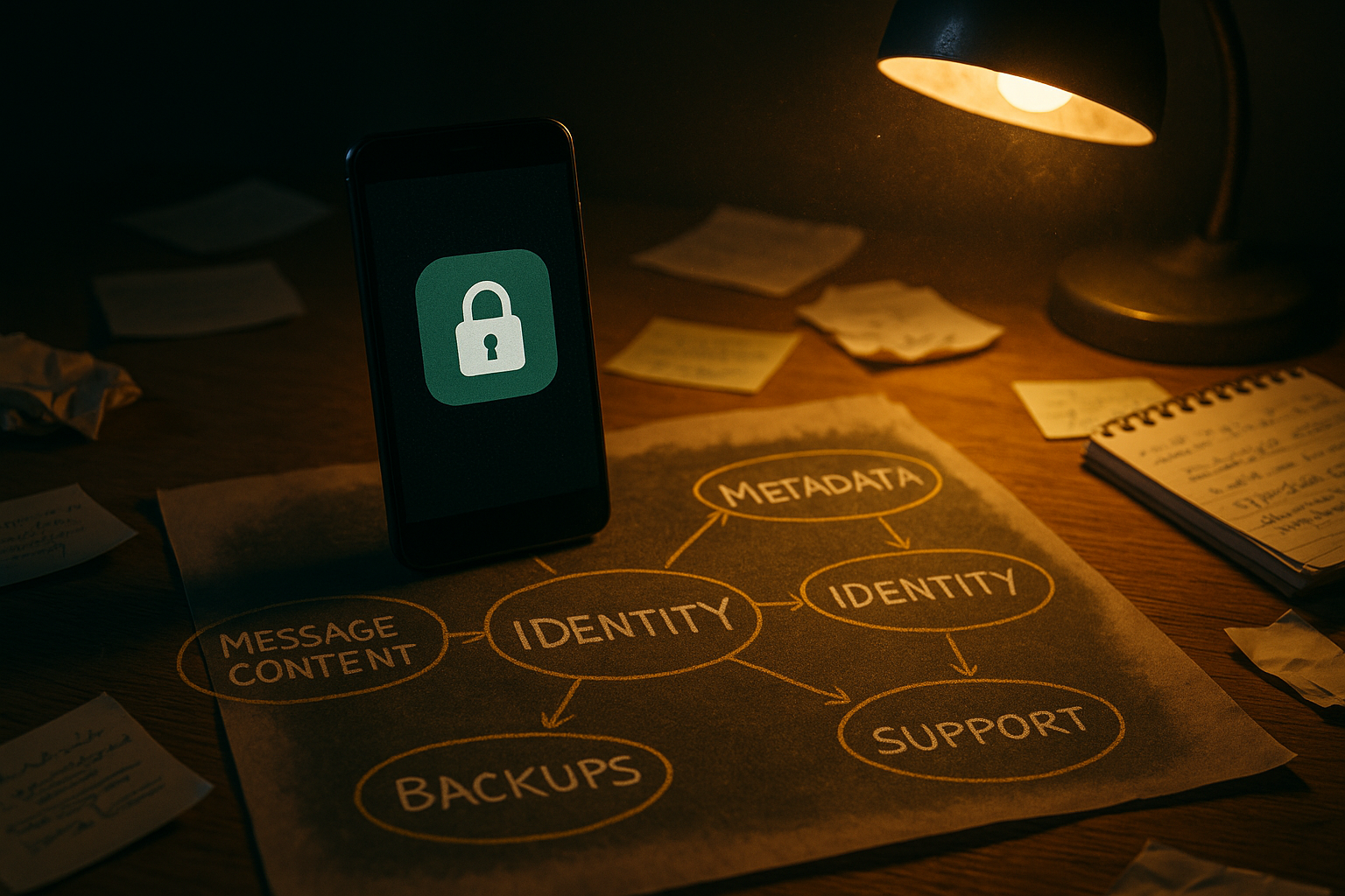 Diagram showing message content, metadata, identity, devices, and backups as separate privacy surfaces.